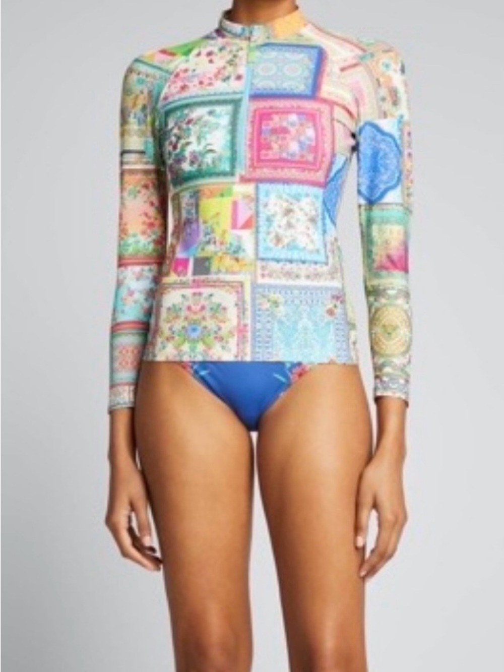 Johnny Was Patchwork Multicolor Long Sleeve Zipper Swim Suft Shirt Top S